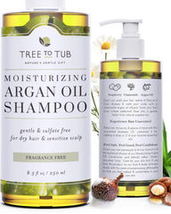 Tree to Tub fragrance free shampoo bottle pour demonstrating gentle hydrating action for sensitive scalps.