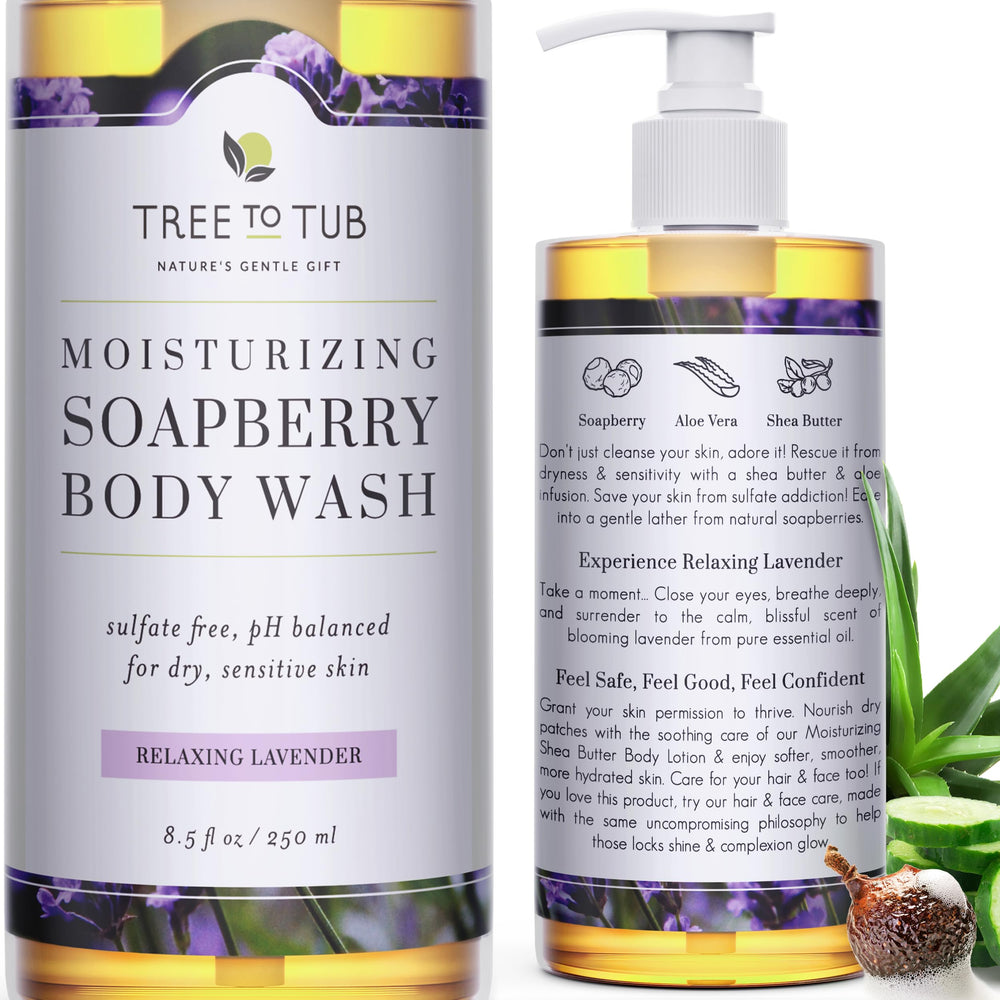 Tree to Tub Lavender Body Wash bottle closeup with soothing lavender scent and gentle hydration.