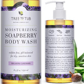Tree to Tub Lavender Body Wash bottle closeup with soothing lavender scent and gentle hydration.