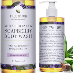 Tree to Tub Lavender Body Wash bottle closeup with soothing lavender scent and gentle hydration.
