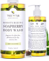 Tree to Tub unscented body wash bottle front highlights fragrance-free hydration for sensitive skin