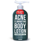 TreeActiv Acne Eliminating Body Lotion label highlights cucumber-mint scent for refreshing cleanse.