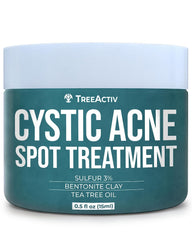 TreeActiv cystic acne spot treatment tube closeup showing sulfur blend for blemish control.