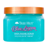 Tree Hut Blue Lagoon Sugar Scrub bottle offers exfoliation and hydration for smoother skin.