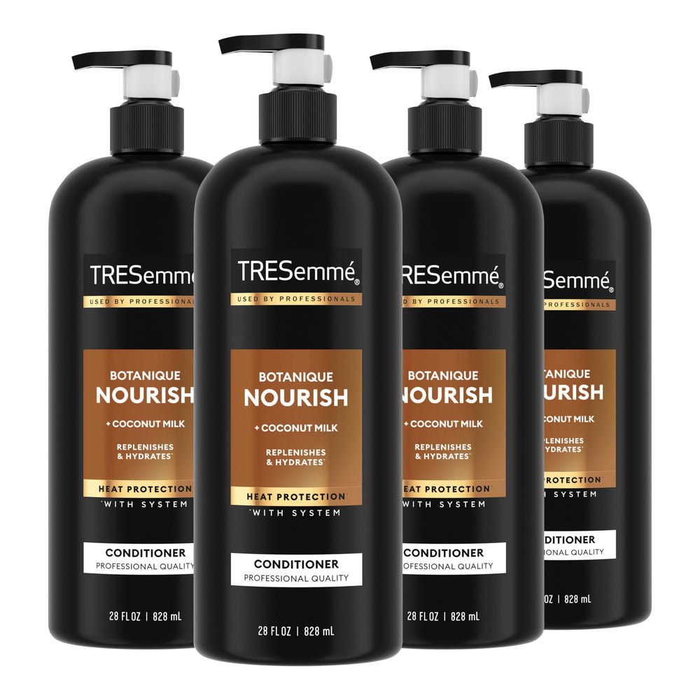 TRESemmé Botanique Nourish Conditioner bottle closeup showing hydration for silky hair.