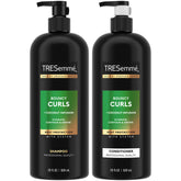TRESemmé Bouncy Curls shampoo bottle pour delivers hydrated curls and frizz control.