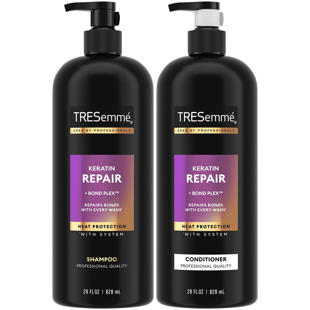 TRESemmé Keratin Repair shampoo bottle showing frizz-control potential for daily styling.