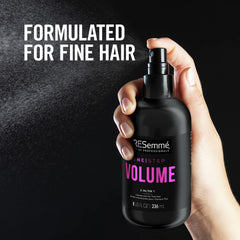TRESemmé One Step Volume Mist root lift shown during blow-dry with round brush.