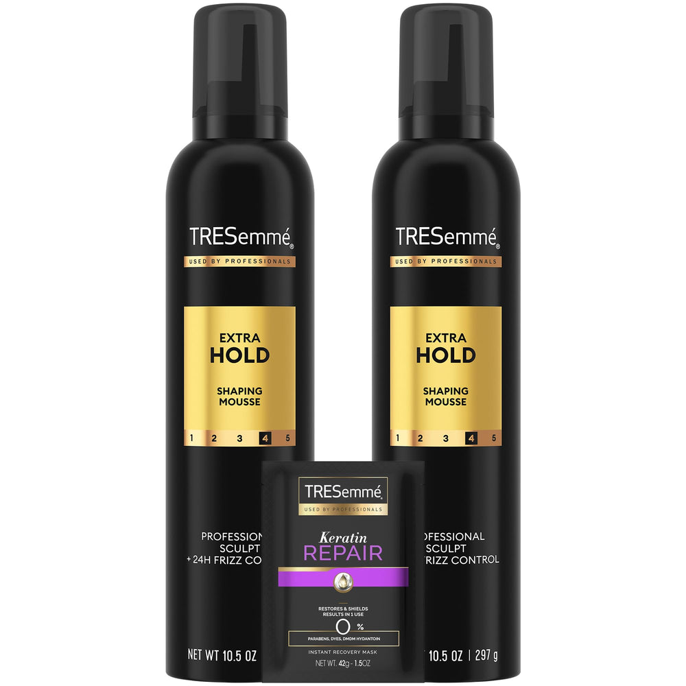 TRESemmé shaping mousse extra hold bottle ready to tame frizz and sculpt style.