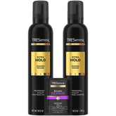 TRESemmé shaping mousse extra hold bottle ready to tame frizz and sculpt style.