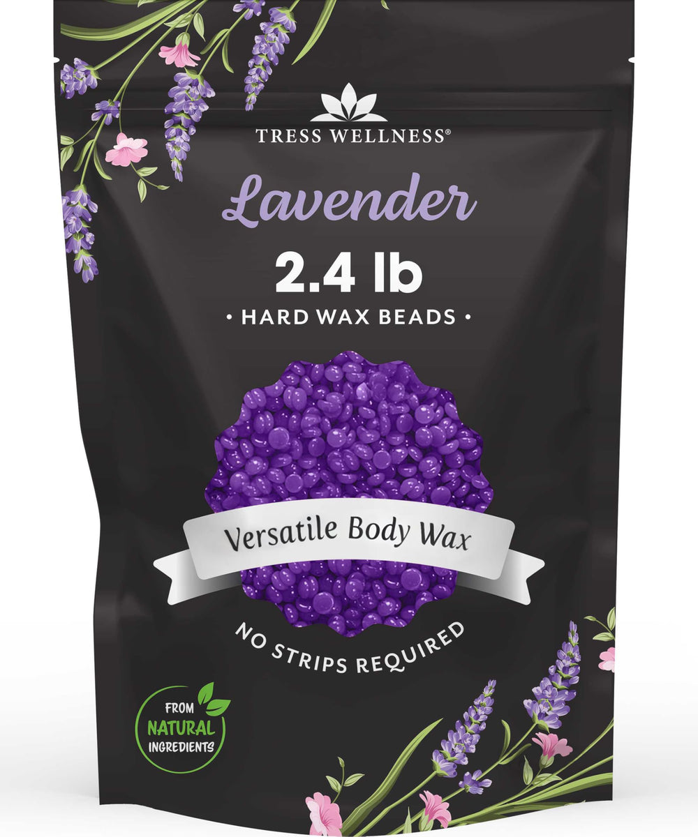 Tress Wellness lavender jar wax beads ready for warming, enabling smooth at-home waxing.