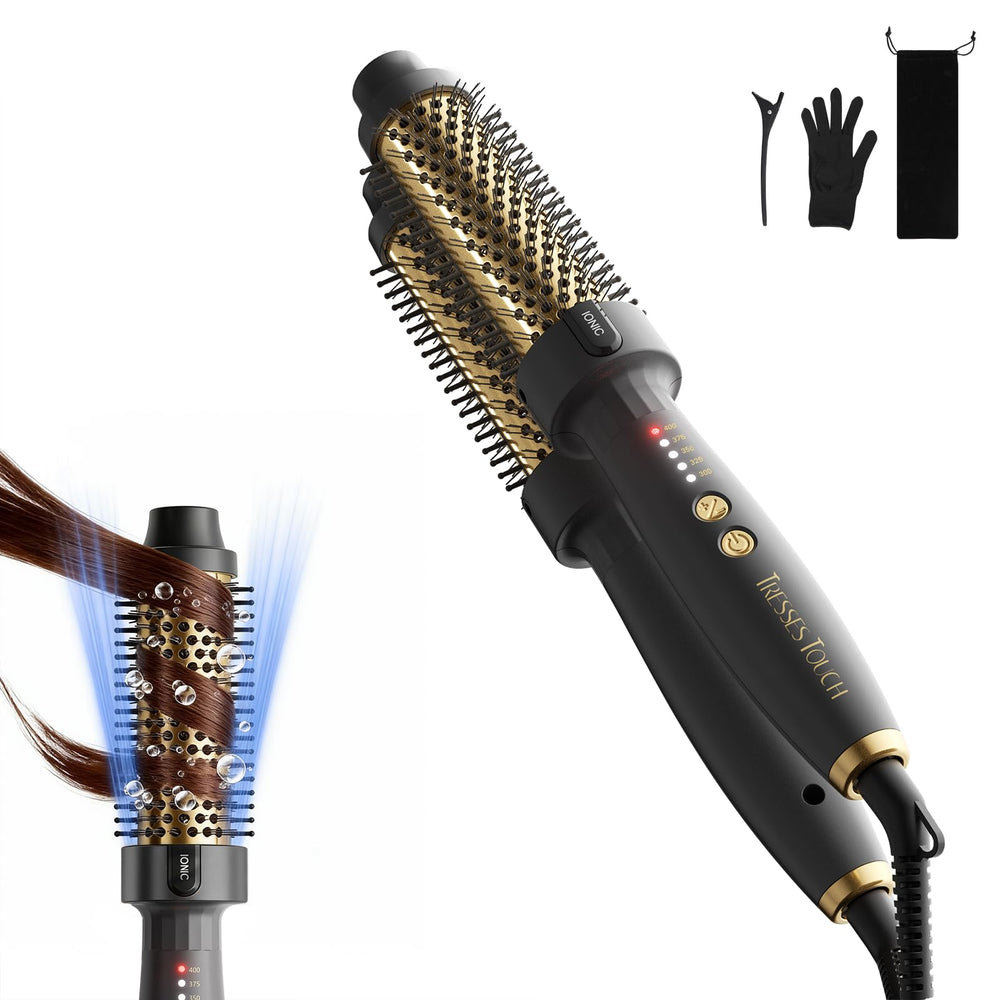 Tresses Touch 24K Gold Thermal Brush front view highlights premium design for smooth styling.