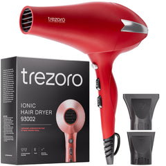 TREZORO professional blow dryer red front view showing fast, quiet drying for all hair types