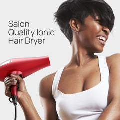TREZORO professional blow dryer red side angle highlighting sleek design and powerful airflow for rapid styling