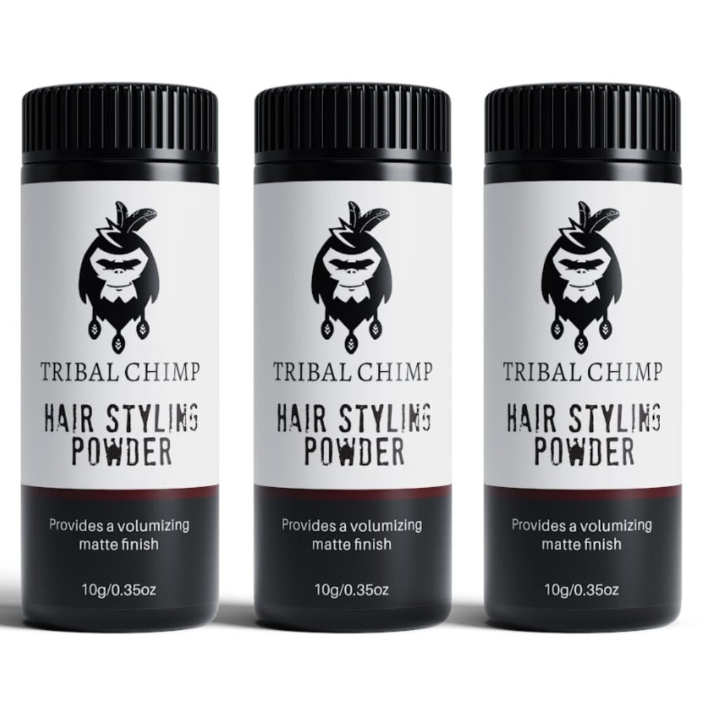 Tribal Chimp Hair Powder 3-piece set packaging shows compact, cost-efficient styling for daily use