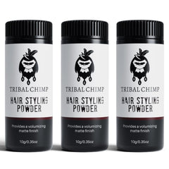 Tribal Chimp Hair Powder 3-piece set packaging shows compact, cost-efficient styling for daily use