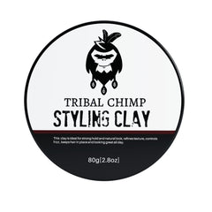 Tribal Chimp styling clay strong hold closeup demonstrates all day hold for any hair type