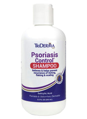 TriDerma psoriasis-control scalp exfoliator bottle shows gentle exfoliation for itchy scalps