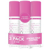 TRIDESIGN Aerogel hairspray bottle showing strong, flexible hold for all-day style.