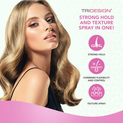 TRIDESIGN Aerogel Hairspray on hair delivers shiny finish and lift.