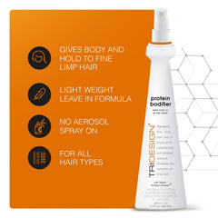 TRIDESIGN Protein Bodifier spray application demonstrates lightweight hold without stiffness