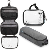 TRIPPED hanging toiletry bag closed for compact travel organization.