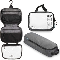 TRIPPED hanging toiletry bag closed for compact travel organization.