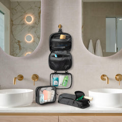 TRIPPED hanging toiletry bag open with contents visible for quick access.