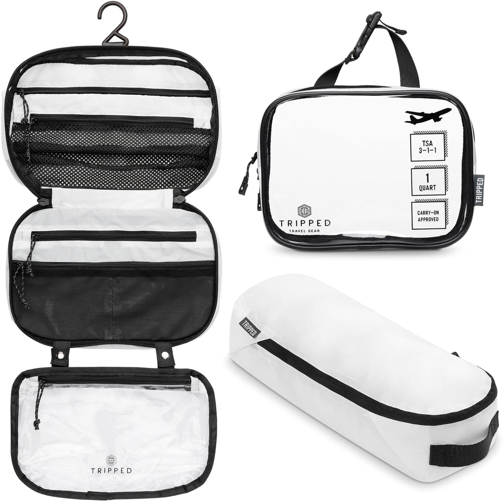 TRIPPED Travel Gear Toiletry Bag Kit Set hanging bag keeps toiletries organized for quick access.