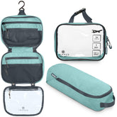 TRIPPED Toiletry Bag Hanging in dusty teal with organized compartments for easy travel.