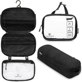 TRIPPED Toiletry Bag Set hanging view demonstrates organized travel.