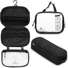 TRIPPED Toiletry Bag Set hanging view demonstrates organized travel.