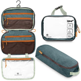 TRIPPED Toiletry Bag Set Hanging ready for easy access on the go.