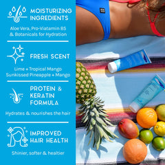 TRISWIM Chlorine Out Conditioner tube nourishes hair with keratin and proteins.