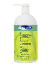 TRISWIM Chlorine-Out Body Wash bottle pouring to remove chlorine after swimming.