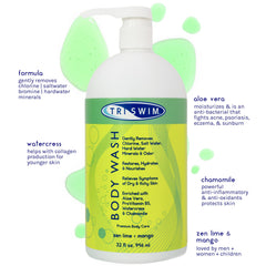 TRISWIM Chlorine-Out Body Wash Zen Lime Mango scent bottle close-up for refreshing post-swim.