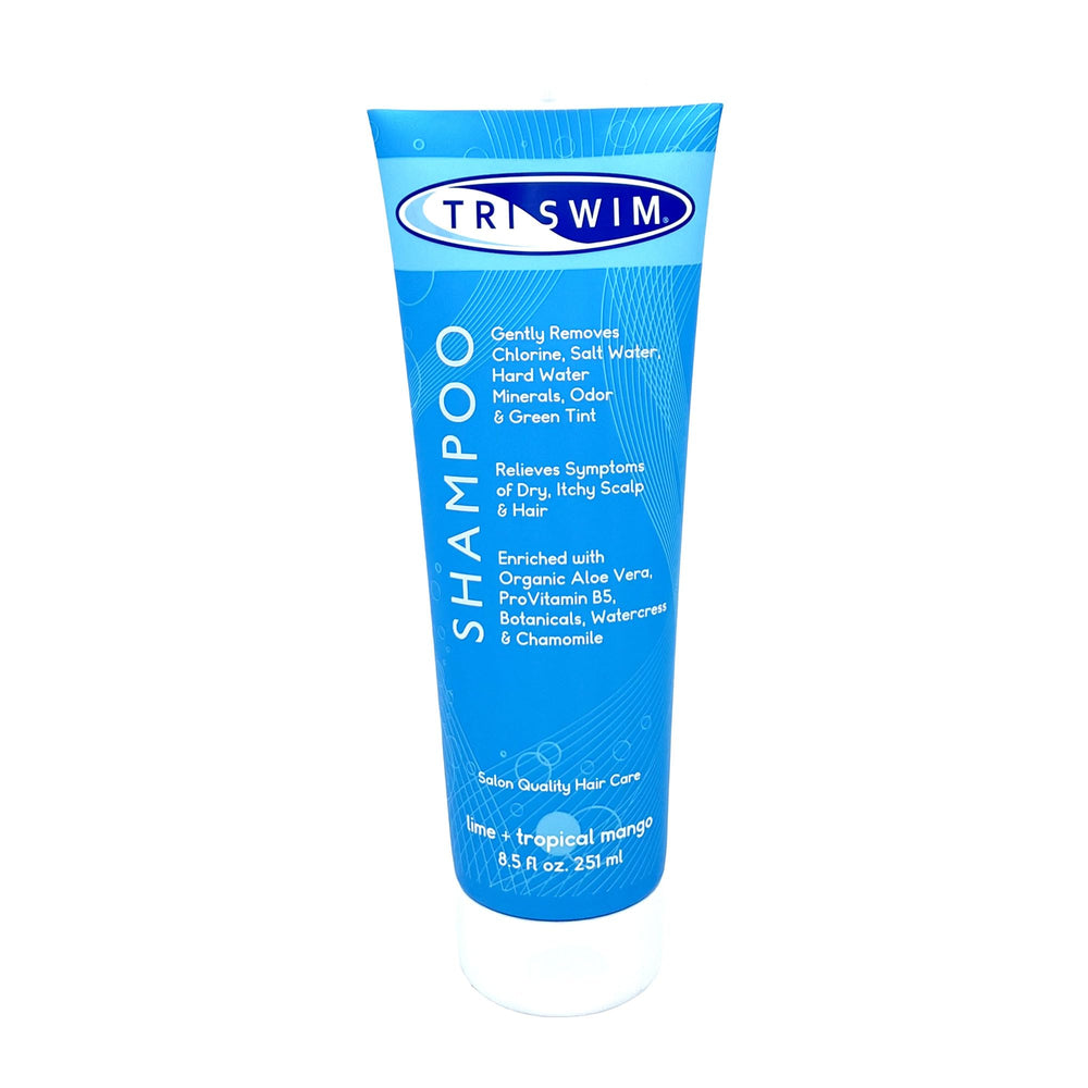 TRISWIM chlorine removal shampoo bottle highlighting lime and mango scent for refreshing hair care