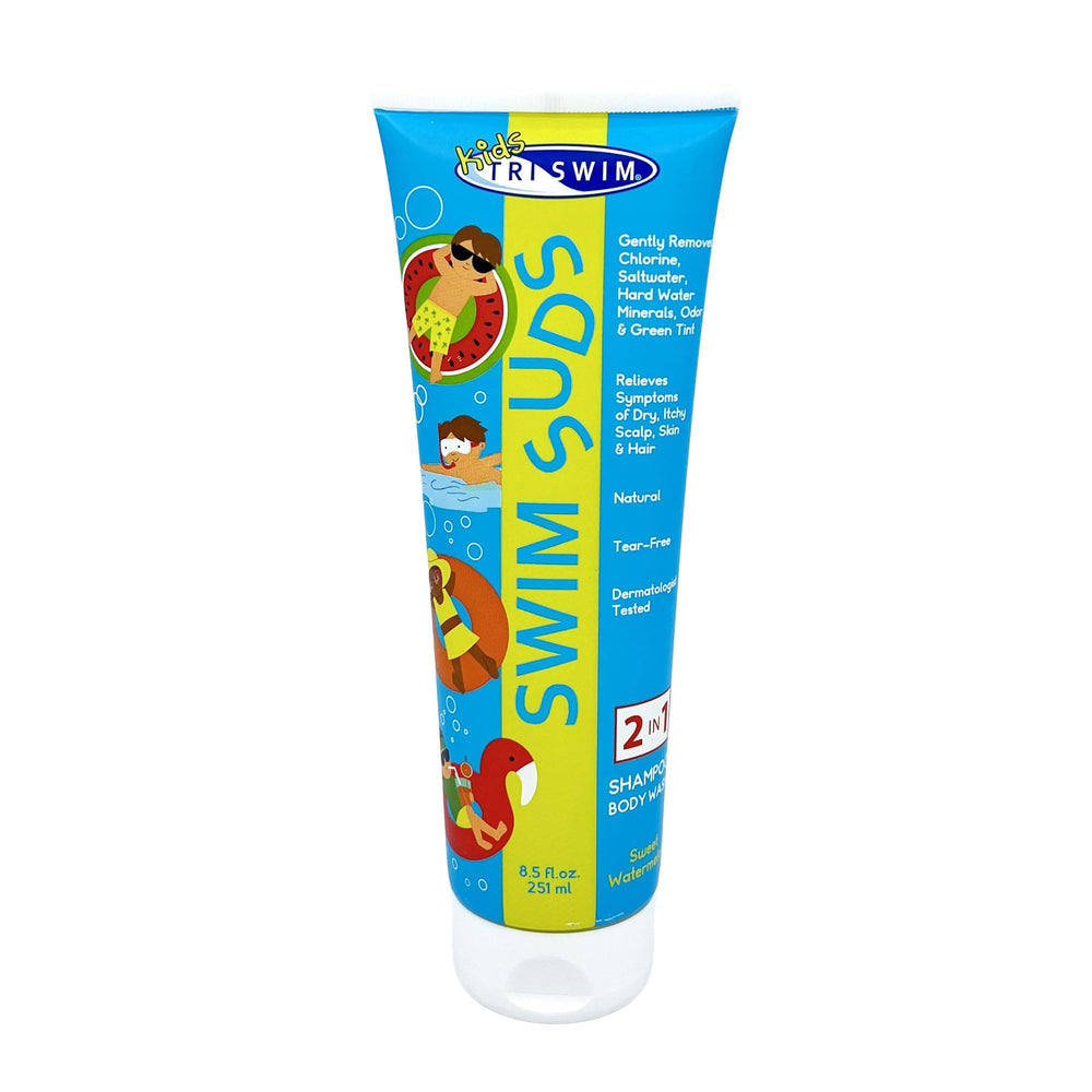 TRISWIM Kids Swim Suds bottle highlights tear-free formula for gentle chlorine and mineral removal.