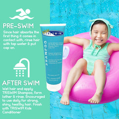 TRISWIM Kids Swimmers Shampoo hair nourish shows hydrating after swimming.