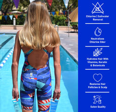TRISWIM shampoo label close-up emphasizes chlorine removal and conditioning benefits