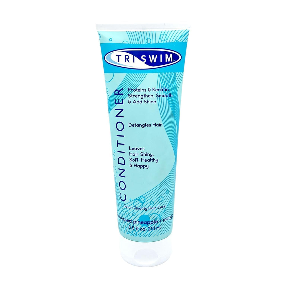 TRISWIM swim conditioner 8oz bottle highlights chlorine removal and hydration.