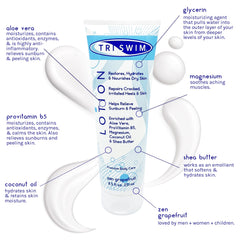 TRISWIM Swim Lotion highlights odor-neutralizing after chlorine exposure.