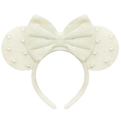 Trnerm beige fuzzy mouse ears headband with beads and bows, perfect for cosplay and parties.