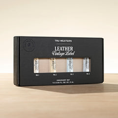 Tru Fragrance Leather Vintage Label No.3 Indigo Blend bottle blends citrus, vetiver, and suede sandalwood.