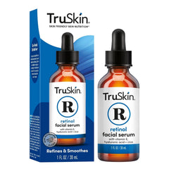 TruSkin Retinol Serum bottle closeup for gentle anti-aging nourishment.