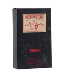 True Religion Drifter bottle cap highlights premium packaging for a refined grooming routine.