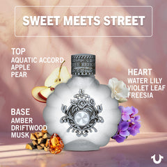True Religion top-notes apple and pear highlight a sparkling opening.