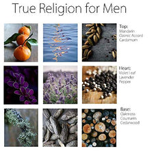 True Religion EDT packaging back highlights spice, woods, and versatile wear for evening events.