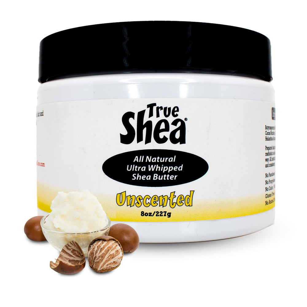 True Shea whipped shea butter jar showing rich, creamy texture for hydration.