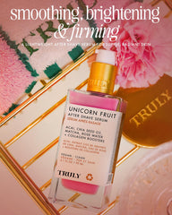 Truly Beauty Unicorn Fruit After Shave Serum application close-up demonstrates quick absorption and soothing post-shave comfort.